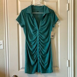 NWT SO Short Sleeve Shirred Polo Mini Dress Aldon Blue